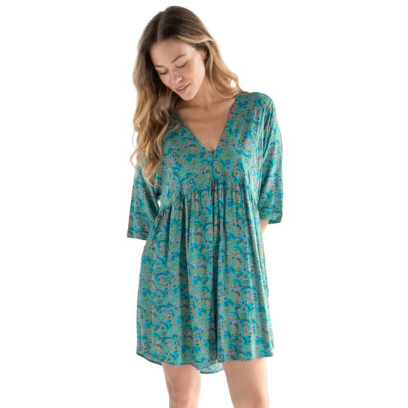 NATURAL LIFE Dresses & Skirts - Natural Life Dress Womens Medium Teal Stella Floral Mini Babydoll Pockets Boho